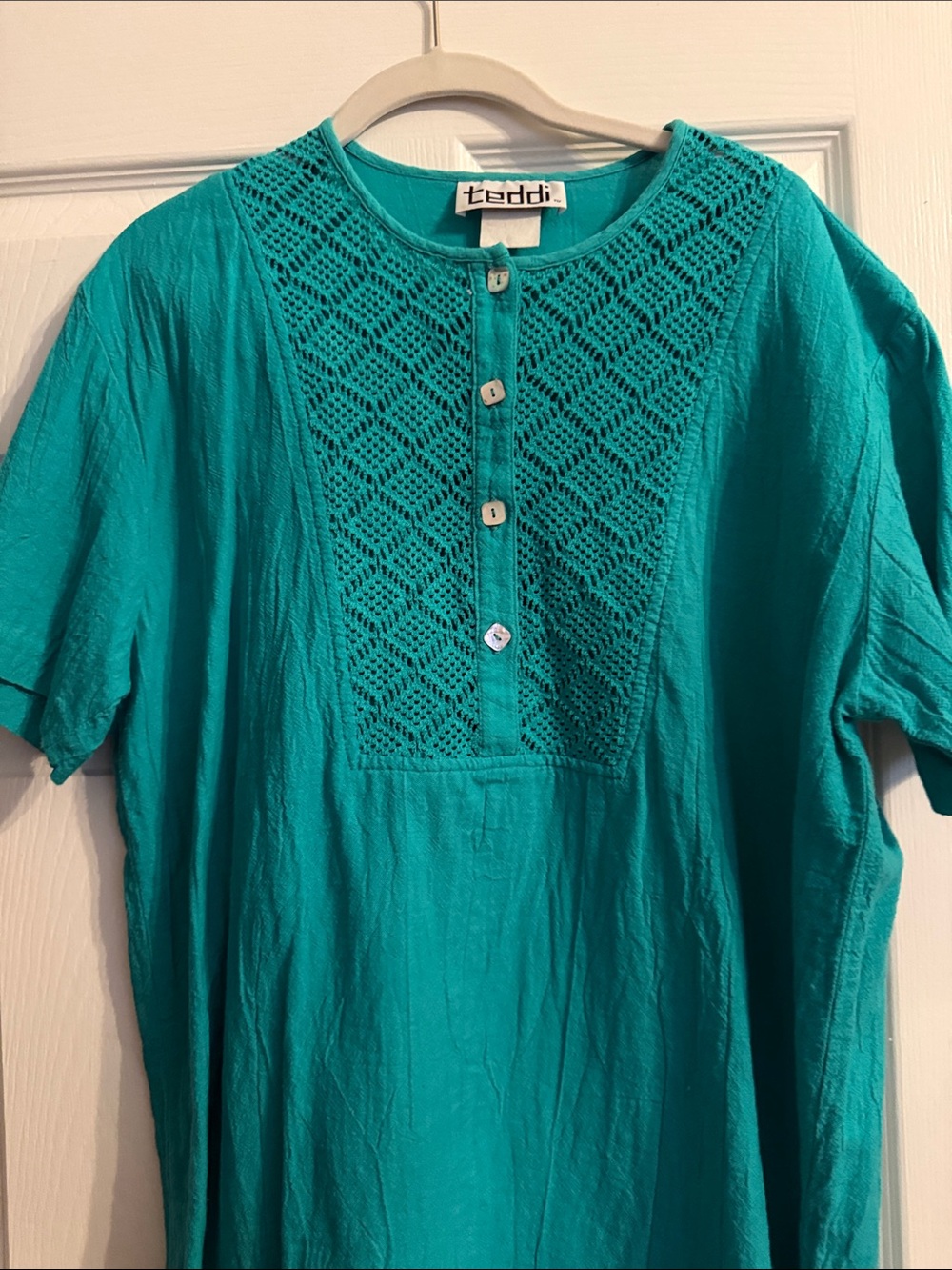 Teddi Teal Crochet Yoke Button Tunic